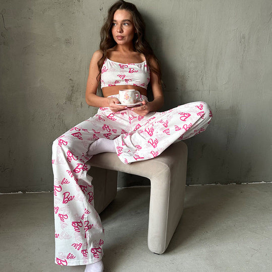 Spring Printed Sexy Knitted Underwear Trousers Two Piece Set LadiesHomewear