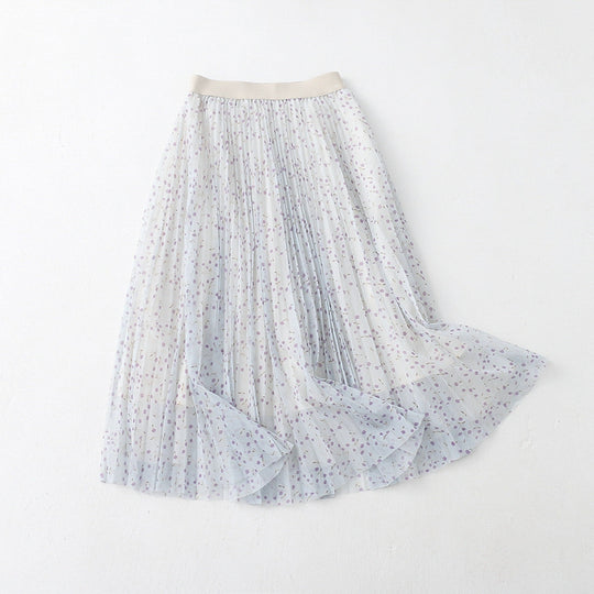 Fresh Sweet Women  Skirt Summer   Printed High Waist Big Swing Pleated Mesh Skirt