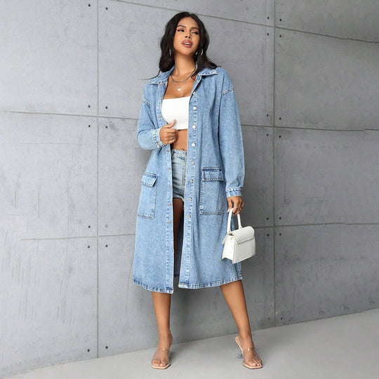 Women Clothing Loose Casual with Big Pockets Denim Trench Coat Long