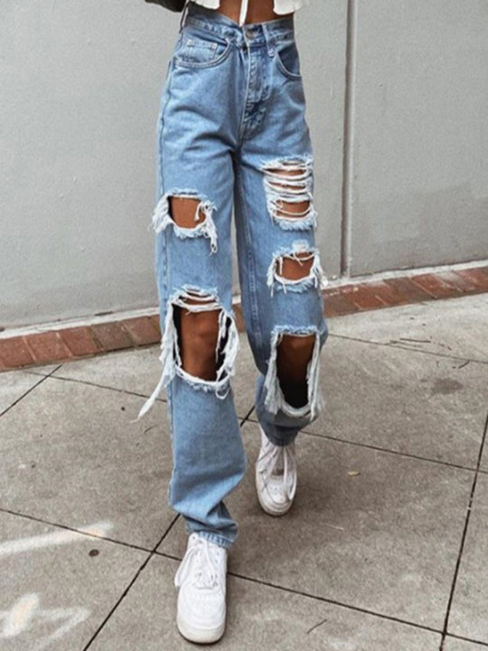 Independent Stand High Waist Ripped Thin Wide Leg Jeans for Women