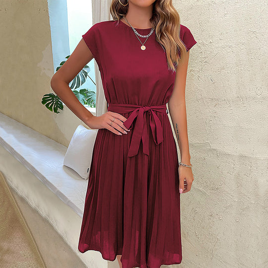 Products Summer Vacation Women Lace up Solid Color Pleated Dress