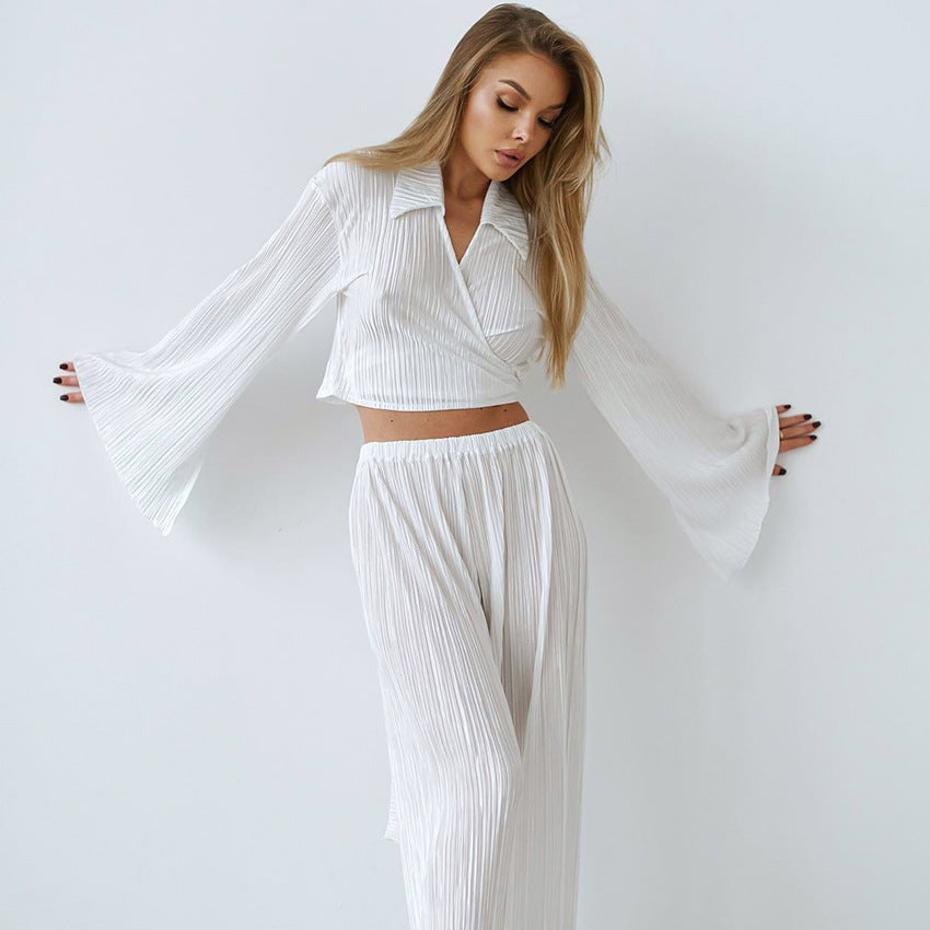 Autumn Sexy White Comfortable Long Sleeve Trousers Pajamas Two Piece Homewear