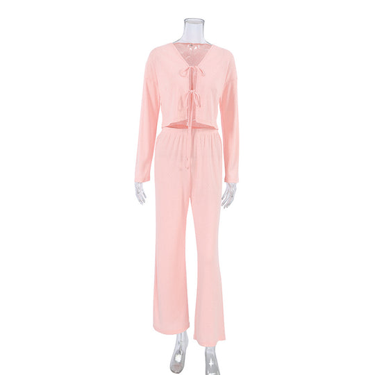 Autumn Knitted Simple Comfortable Cardigan Pajamas Two Piece Long Sleeved Trousers Solid Color Women Home Wear