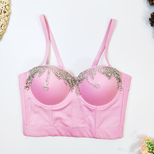 Body Shaping Boning Corset Bra With Steel Ring Sexy Corset Water Drop Metal Diamond Chain Tassel Strap Outer Wear Tube Top Women