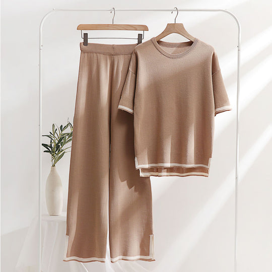 Classic Ice Silk Knitting Suit Women Spring Summer Two Piece Set Short Sleeve Stitching Casual Slimming Fashionable
