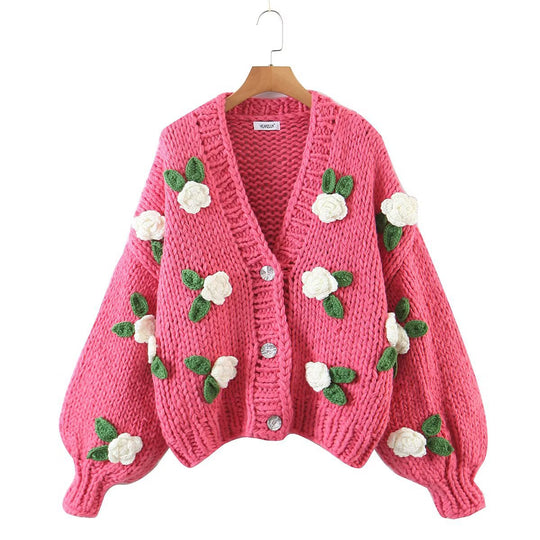 Autumn Winter Elegant Handmade Cute Floral Sweater Coat Women