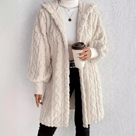 Popular Hooded Double Sided Plush Cuff Thread Long Coat