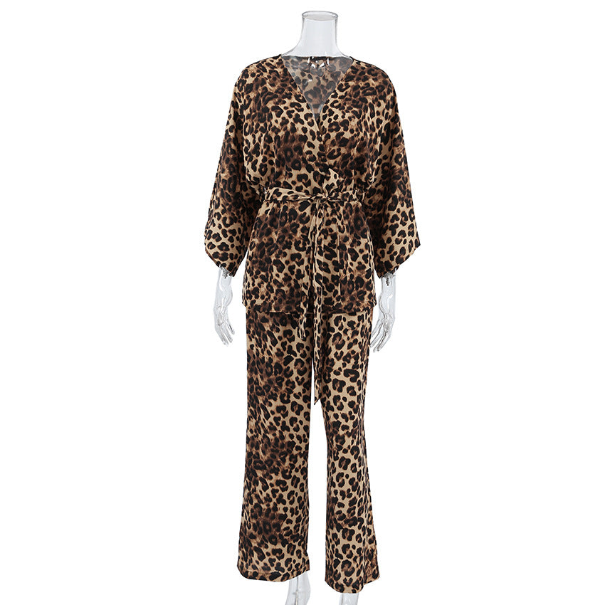 Spring Leopard Print Cardigan Nightgown Loose Trousers Pajamas Two Piece Set Soft Comfortable Ladies Homewear