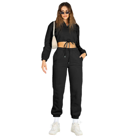 Autumn Winter Solid Color Stand Collar Zipper Drawstring Cropped Brushed Hoody Casual Sweatpants Suit Women