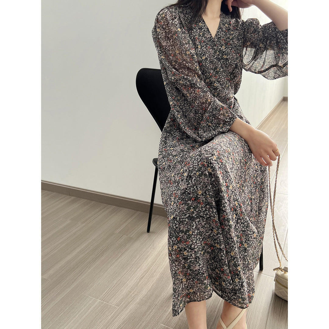 V neck Floral Dress Autumn Puff Sleeve Slimming Cinched Mid Length Dress