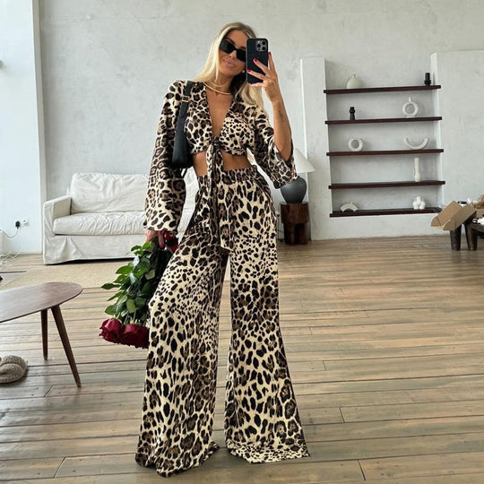 Summer Sexy Leopard Cardigan Satin Pajamas Two Piece Loose Long Sleeve Trousers Ladies Homewear