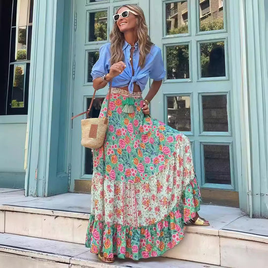 Summer Women Positioning Printing Loose Casual Vacation Big Hem Skirt