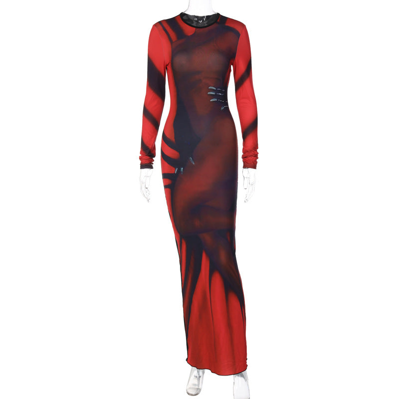 Women Collection for Autumn Street Contrast Color Fit Long Sleeve Narrow Close Fitting Maxi Dress