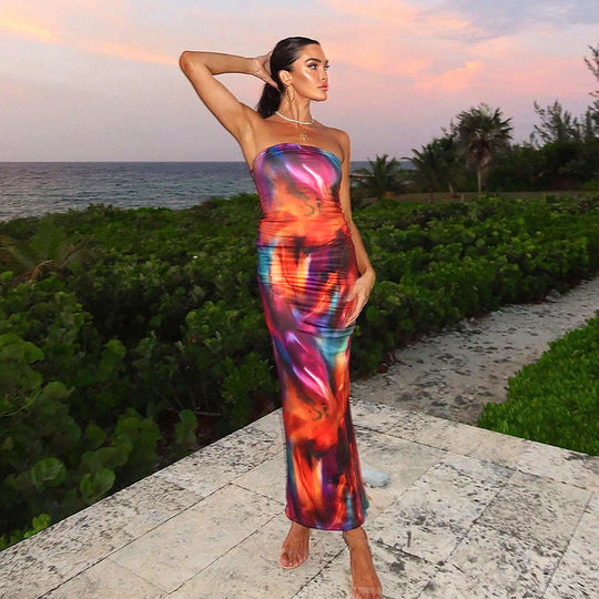 Women Summer Casual Printed Sleeveless Split Tight Tube Top Maxi Dress