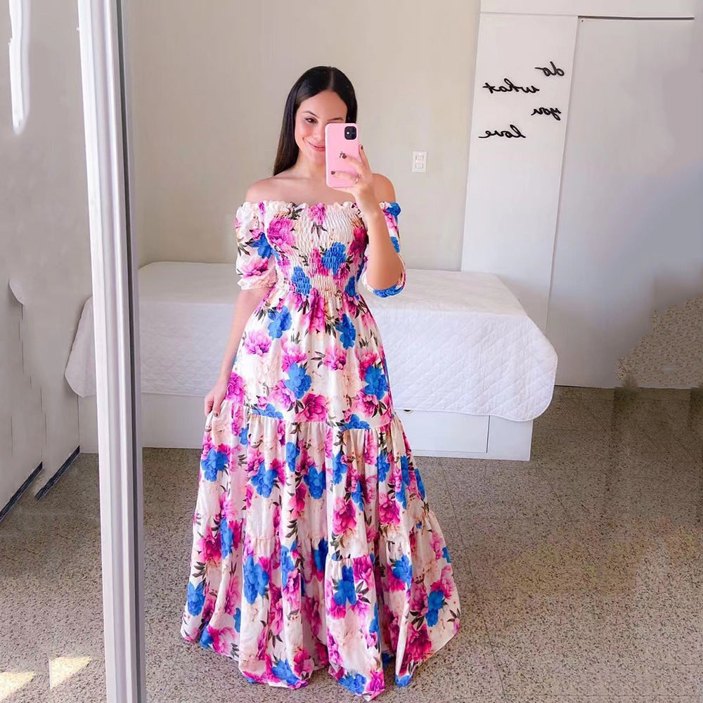 Spring Summer Women Clothing Dress off Shoulder Floral off Shoulder Long Printed Dress