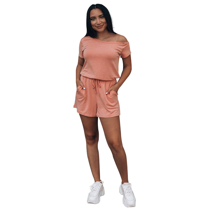 Summer Fashionable Changeable Solid Color off-the-Shoulder Short Sleeve Women Clothing Urban Casual Loose Romper