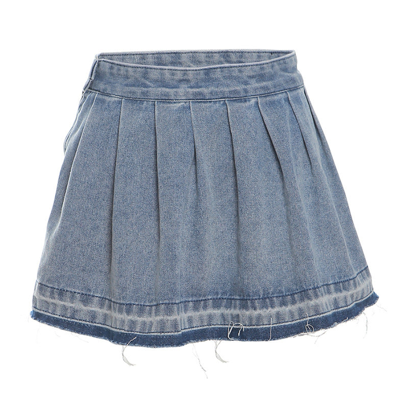 Summer Women Clothing Wash Street Pleated Sexy Sheath Denim Skirt