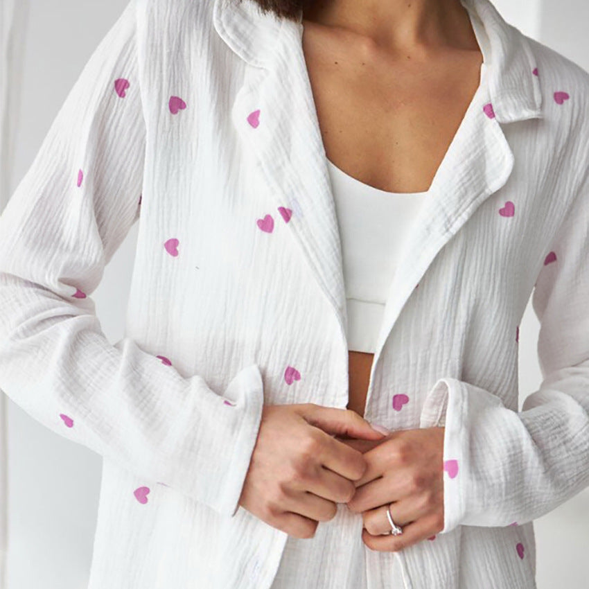 Autumn Purple Heart Printing White Cotton Pajamas Two Piece Set Casual Comfortable Ladies Homewear