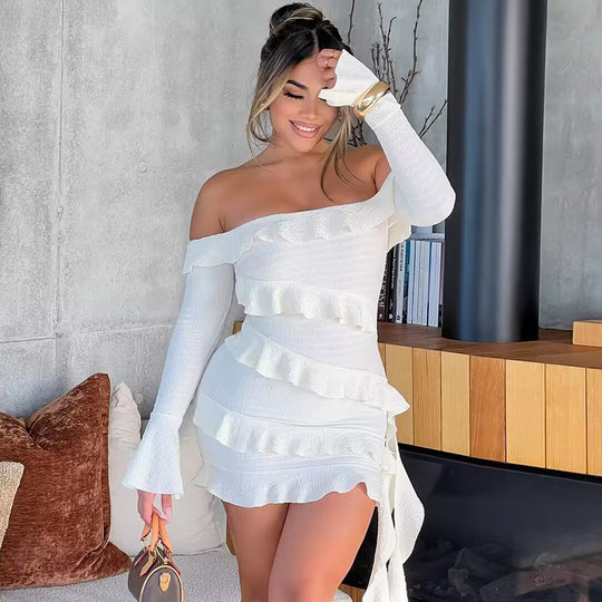 Autumn off Shoulder Ruffled Bell Sleeve Ribbon Dress