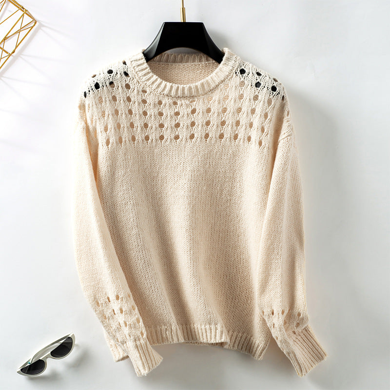 Hollow Out Cutout Sweater Women Autumn Winter Pullover Solid Color round Neck Sweaters Women Clothing Top