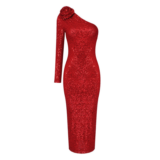 Christmas Red Three-Dimensional One Shoulder Floral Sequin Formal Dress Women Clothing Stretch Dress Autumn Winter