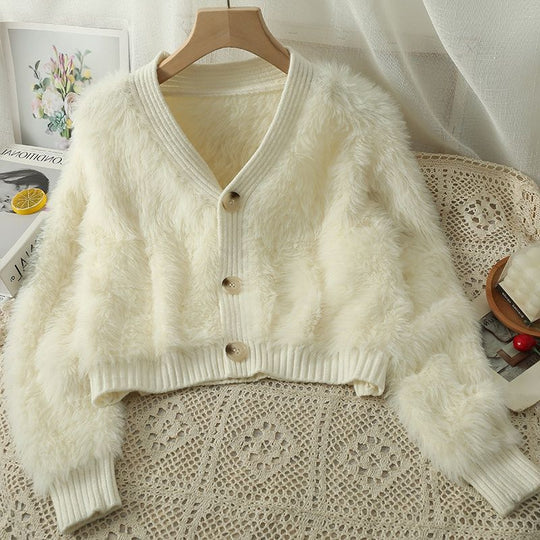 Short Knitted Cardigan Autumn Winter Solid Color Long Wool College V Neck Long Sleeve Artificial Mink Fur Outer Women