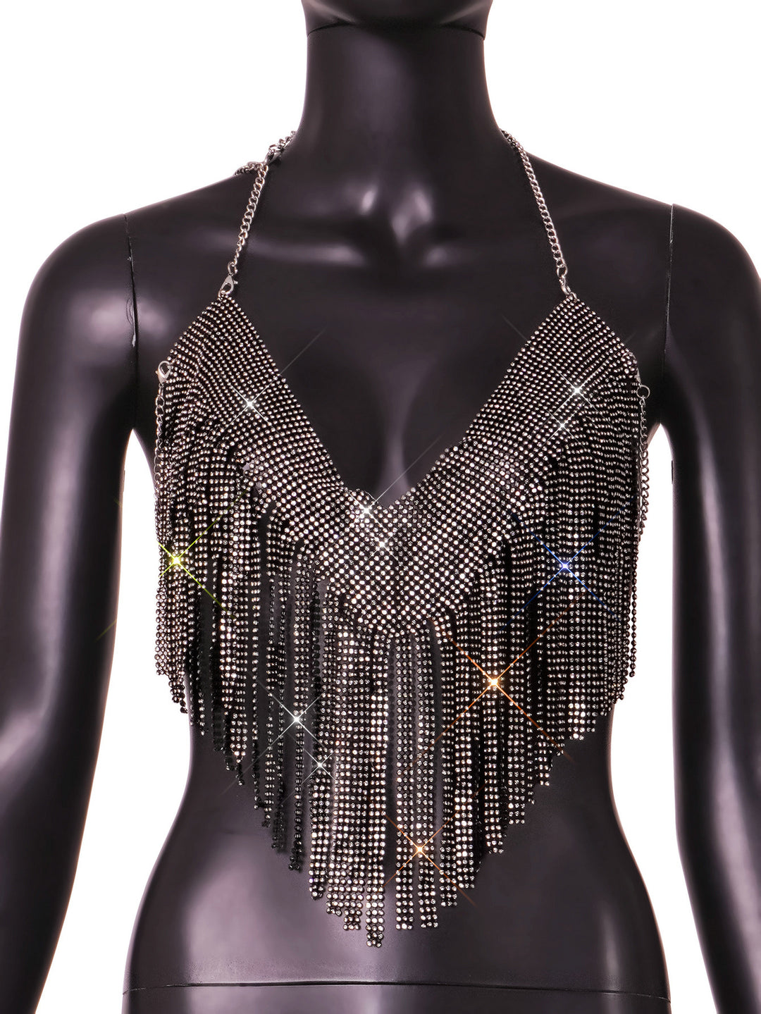 Women  Clothing Sexy Full Rhinestone Hanky Hem Tassel Exposed Cropped Deep V Plunge Vest Camisole Cropped Outfit Top