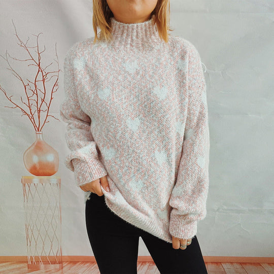 Autumn Winter Chenille Half Turtleneck Knitted Pullover Love Jacquard Long Sleeve Sweater