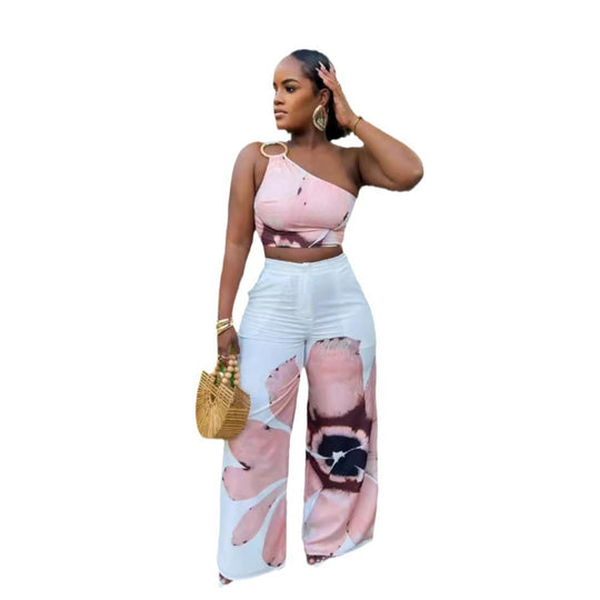 Printed Shoulder Slim Fit Wide Legged Pants Two Piece Set