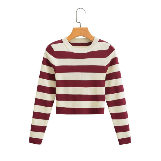 Winter round Neck Solid Color Stripes Splicing Knitwear Women