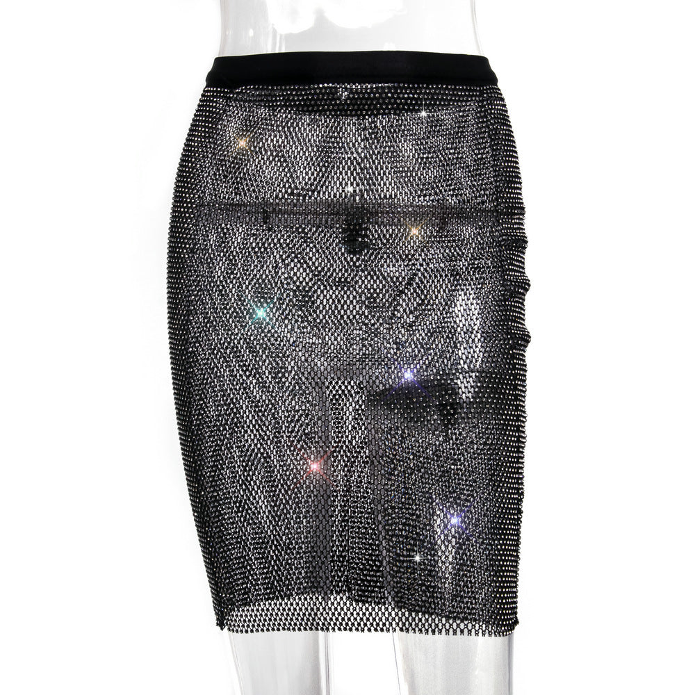 Fashion Women Clothing Rhinestone Grid Sexy Super Shiny Two-Piece Suit Skirt