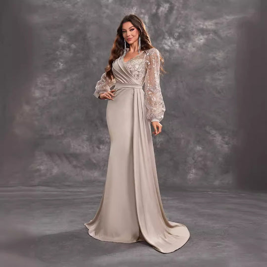 Women Cocktail Party Evening Dress Sequined Satin V neck Long Sleeve Elegant Evening Gown