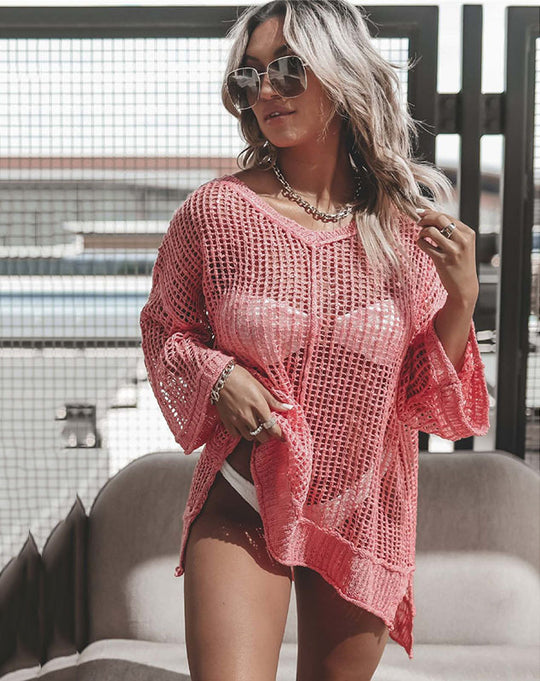 Knitted Loose Beach Blouse Sexy Hollow Out Cutout Holiday Sun Protection Shirt Beach Cover Up