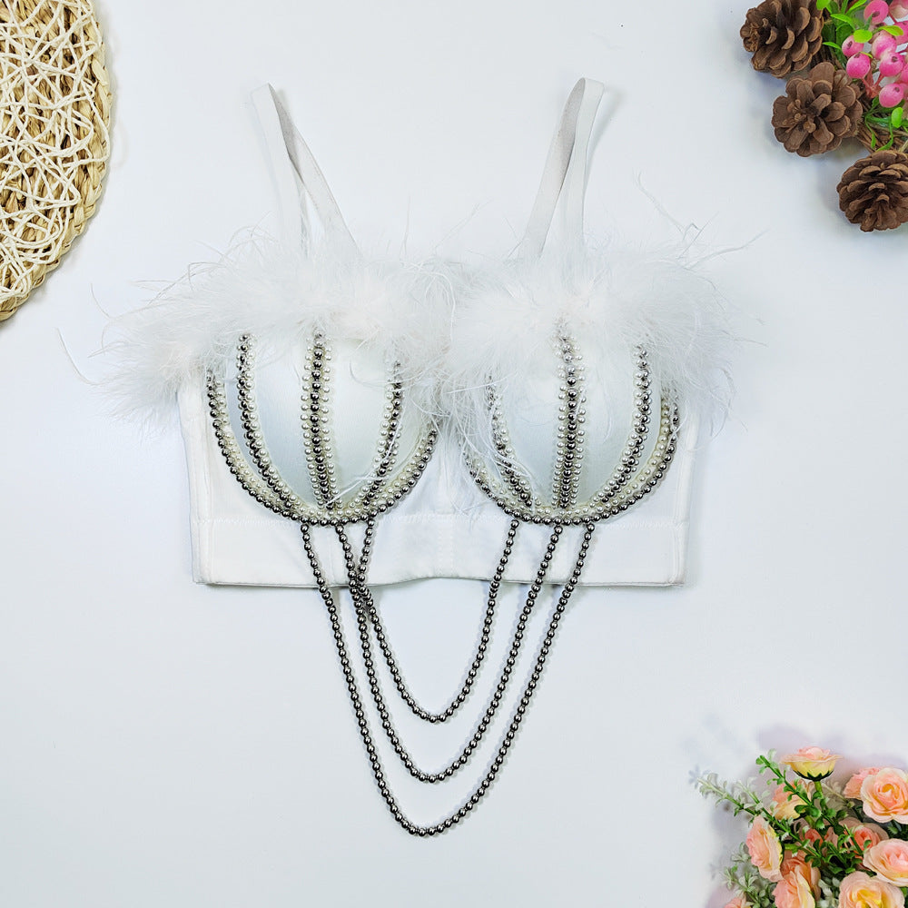 High Grade Body Shaping Corset Ultra Short Beaded Boning Corset Wrapped Chest Stitching Feather Tube Top Travel Sexy Bra