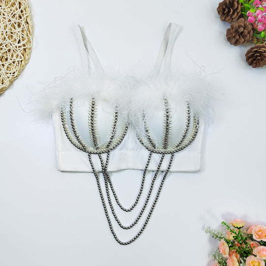 High Grade Body Shaping Corset Ultra Short Beaded Boning Corset Wrapped Chest Stitching Feather Tube Top Travel Sexy Bra