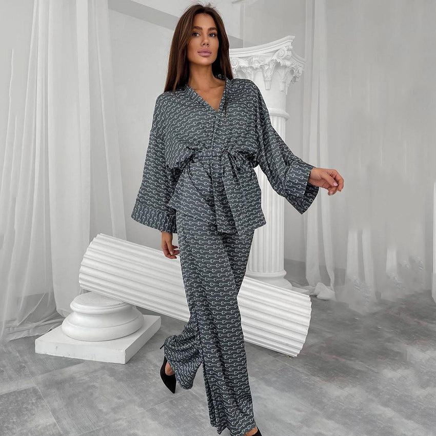 Spring Autumn Print Pajamas Nightgown Pajama Pants Ice Silk Trousers Suit Black Home Wear Women Loose