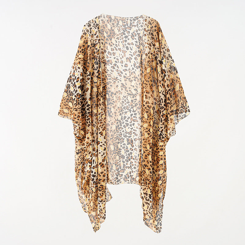 Summer Women Clothes Leopard Print Batwing Shirt Mid Length Cardigan Blouse