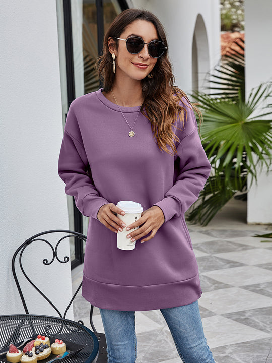 Women Clothing Autumn Winter round Neck Pocket Mid Length Casual Loose Women Sweatshirt