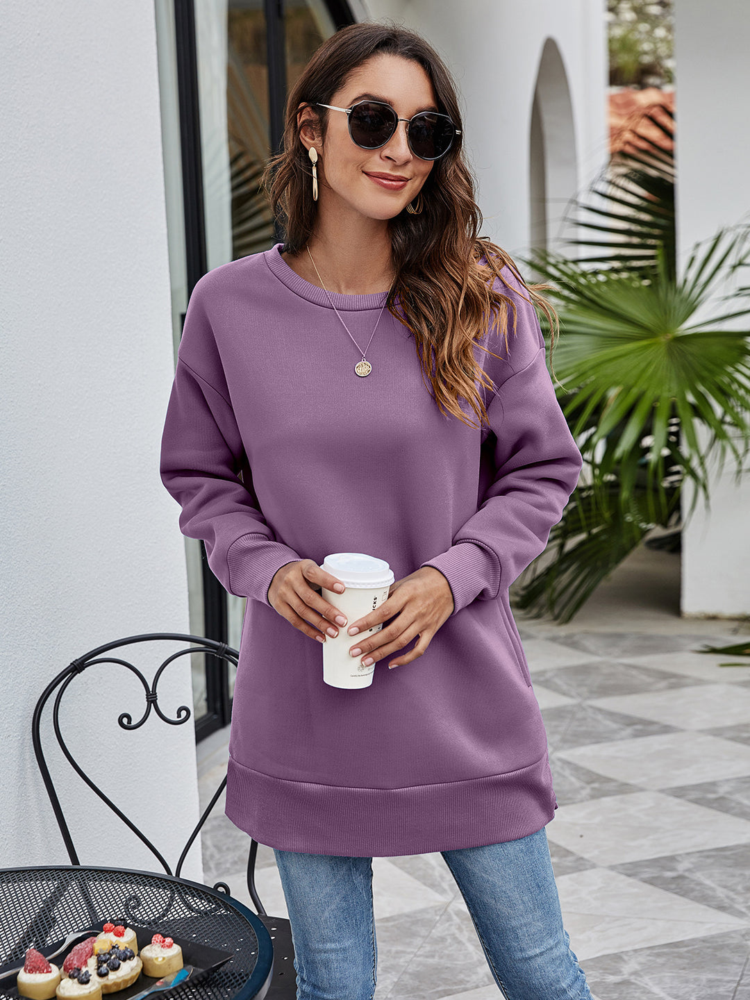 Women Clothing Autumn Winter round Neck Pocket Mid Length Casual Loose Women Sweatshirt