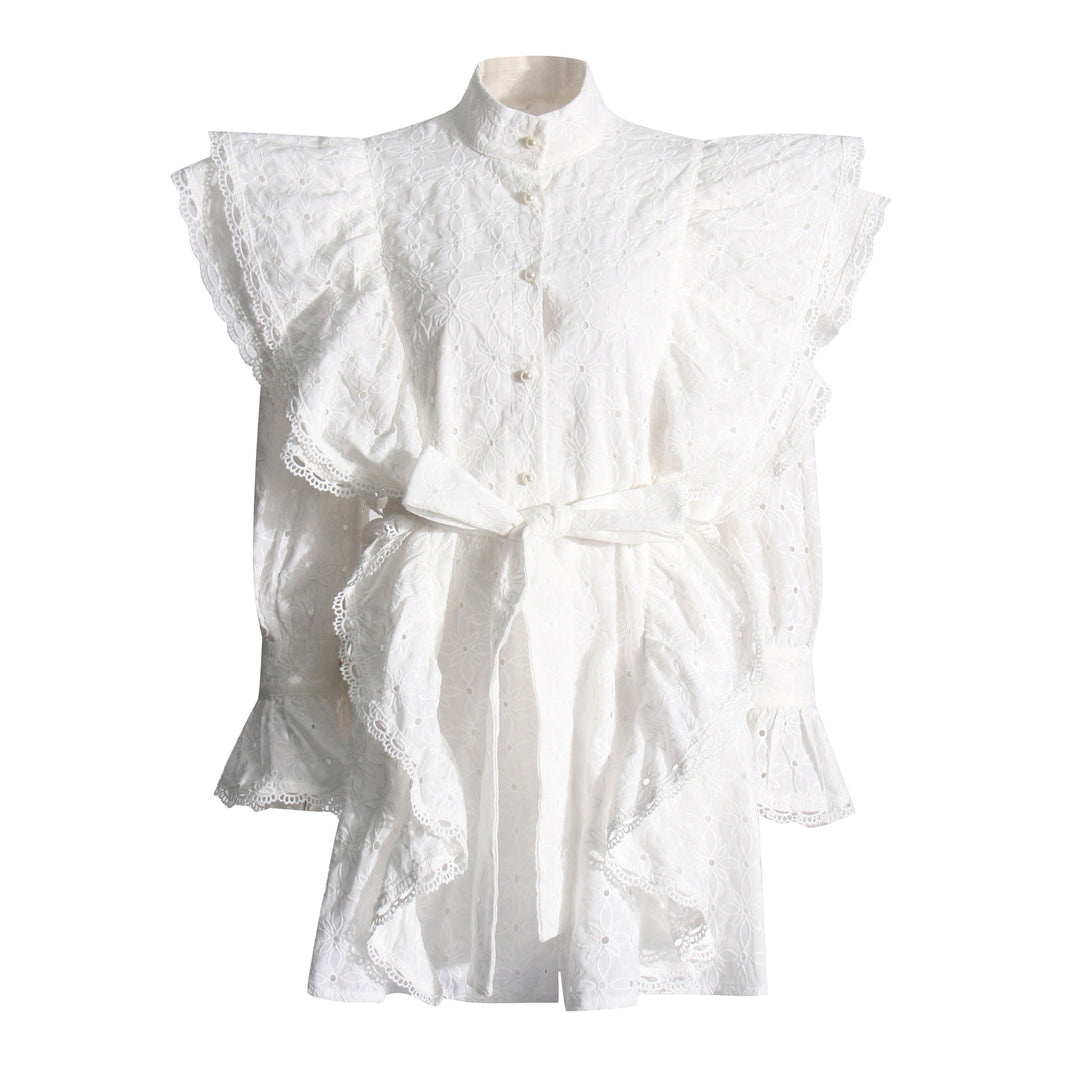 French Sweet Summer Stand Collar Half Sleeve Ruffled Short Stitching Bell Sleeve Women Dress