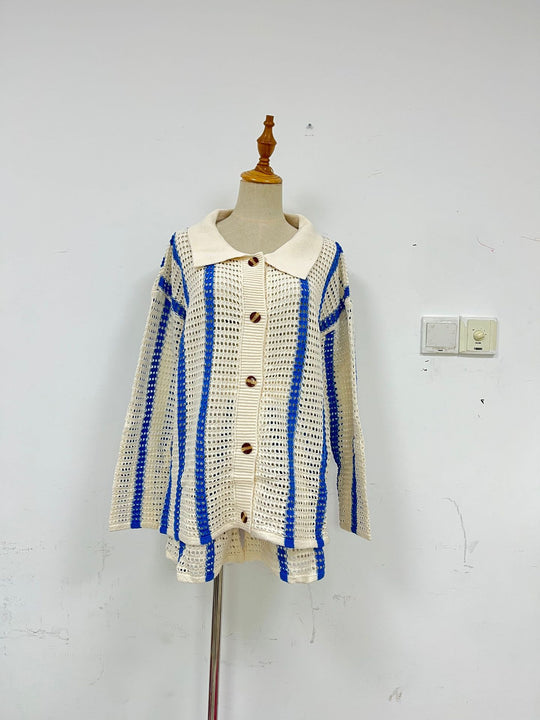 Autumn  Sweet Casual Striped Hollow Out Cutout Two Piece Knitted Cardigan Women Coat