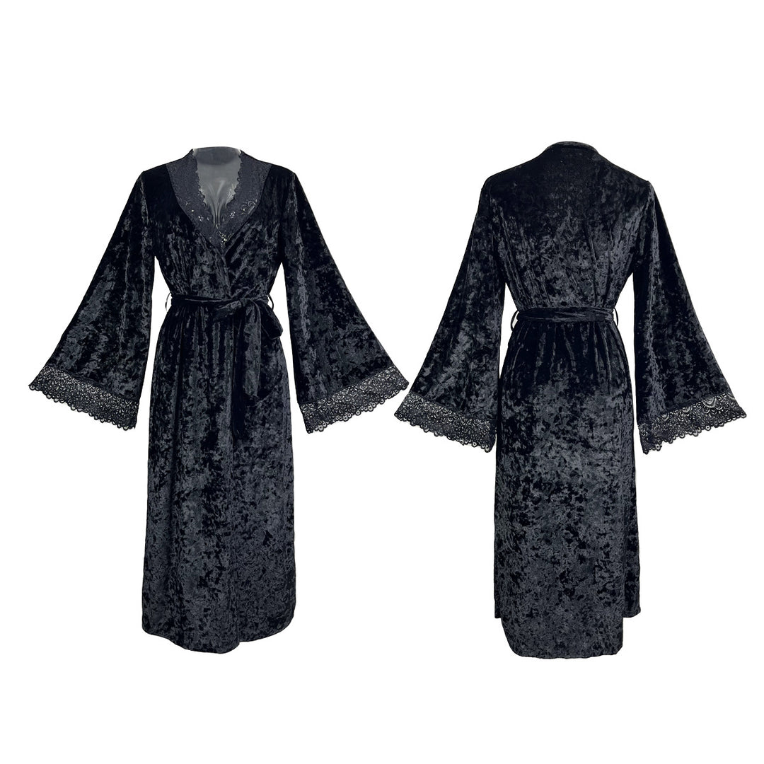 Lengthened Bathrobe Sexy Lace Light Luxury Long Sleeve Velvet Nightgown Bathrobe Home Wear