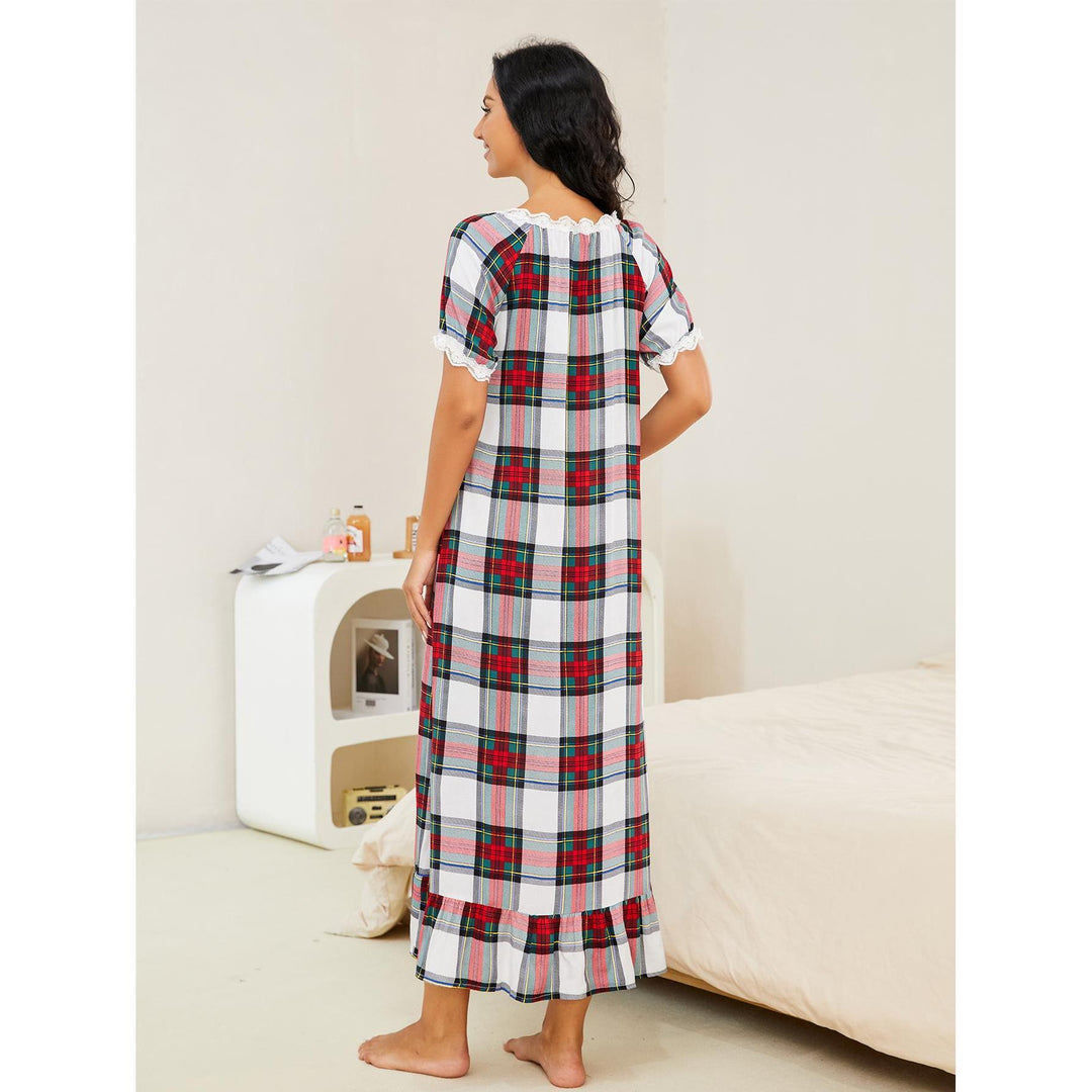 Spring Autumn Plaid Short-Sleeved Nightdress Women Wear outside One Piece Homewear Clothing Night Dress