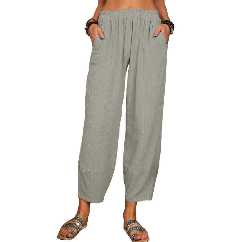 Summer Solid Color Loose Cotton Linen Casual Pants Home Harem Trousers Women