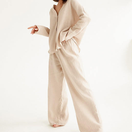 Summer Double Layer Crepe V-neck French Loose Comfortable Long Sleeve Pajamas Women  Cotton Linen Homewear Set