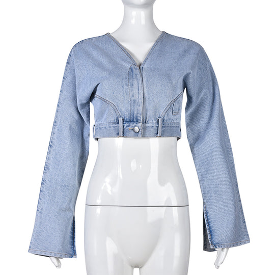 Spring Summer Trendy Personalized Washed Collared Cropped Outfit Avant Garde Denim Jacket for Women
