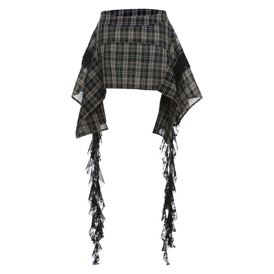 Summer Women Clothing Retro Hong Kong Plaid Stitching Irregular Asymmetric Design Slim Skirt