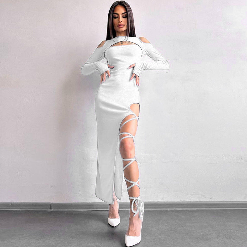 Sexy Leggings Split Dress Autumn Women  Clothing Solid Color Long Sleeve Hollow Out Cutout Dress