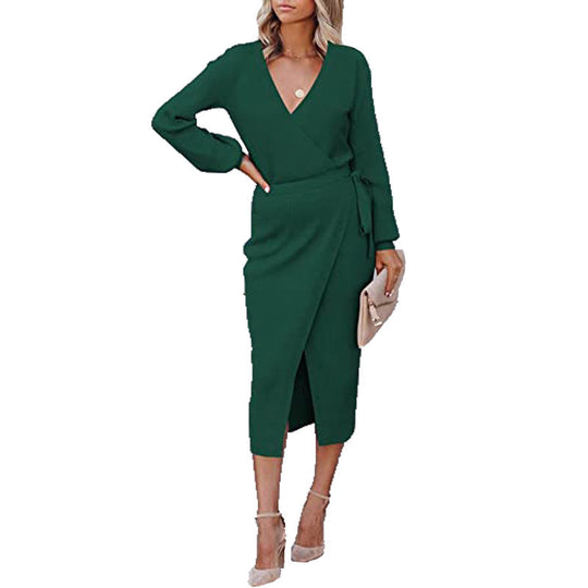 Autumn Winter Women Clothing Maxi Dress Elegant Graceful V-neck Knitted Dress