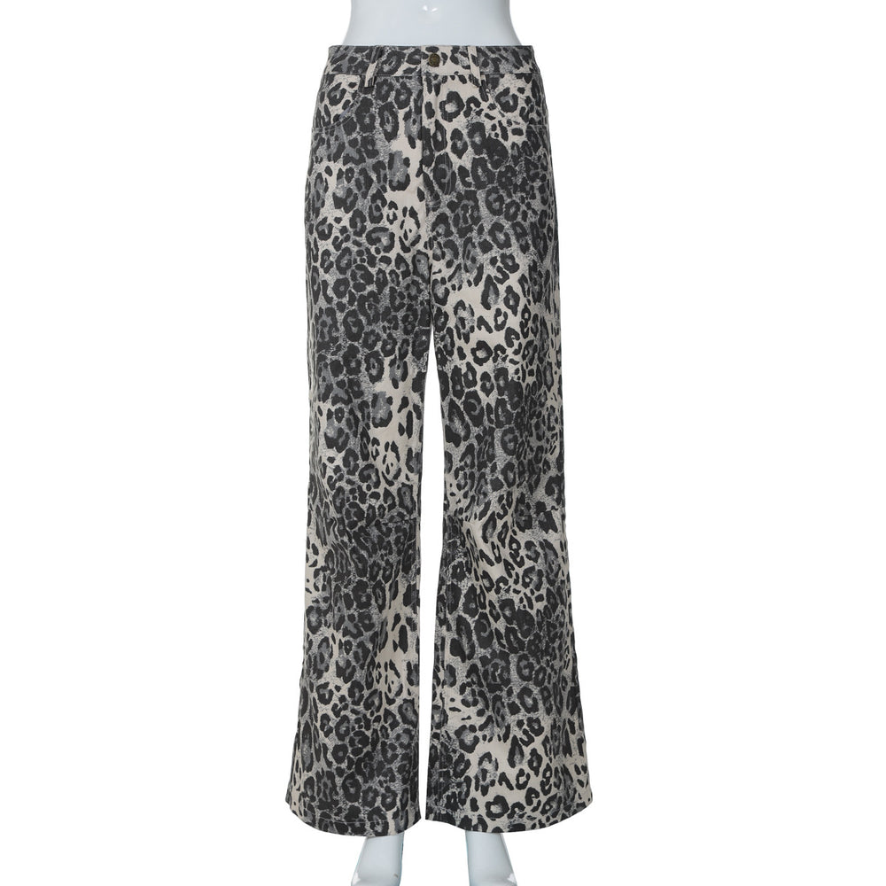 Women Clothing Summer Leopard Print Retro Low Waist Slightly Pull Straight Leg Pants
